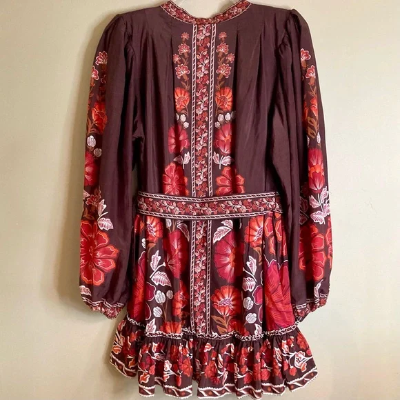 SOLD FARM Rio Gigi Tapestry Brown Mini Dress Beaded Buckle Red Floral Size L - Picture 14 of 16